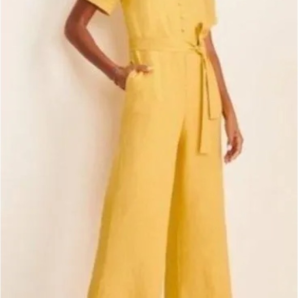 Ann Taylor Tie Waist Linen Loosefit Jumpsuist Romper Yellow Womens Size 10 NWT - Picture 6 of 11